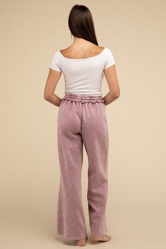 Acid Wash Fleece Palazzo Sweatpants with Pockets