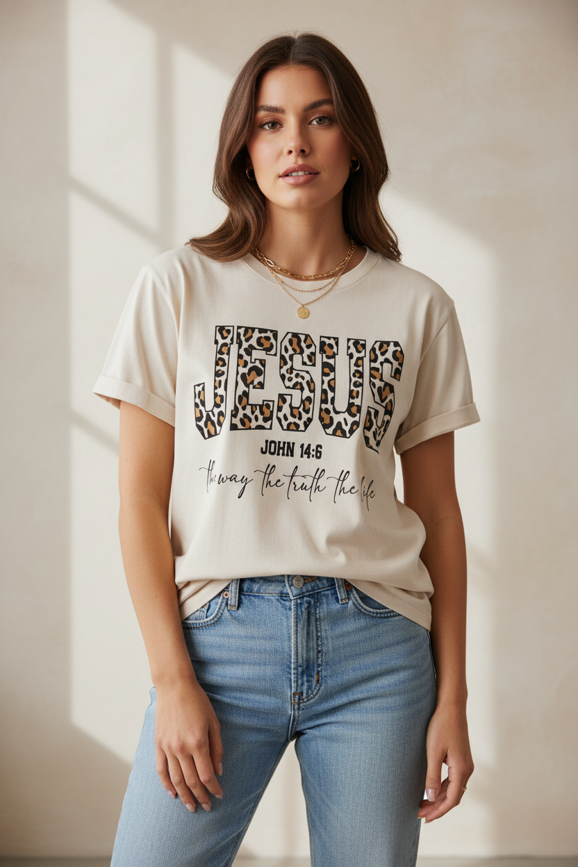 Jesus Leopard  Folded Sleeve T-Shirt