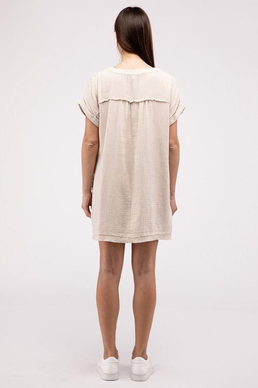 Gauze Rolled Short Sleeve Raw Edge V-Neck Dress