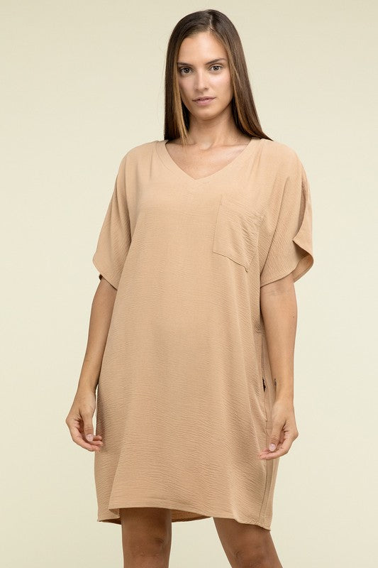 Woven Airflow V Neck T-Shirt Dress with Pockets