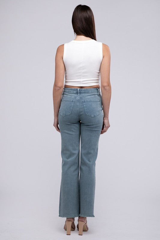 Acid Washed Frayed Cutoff Hem Straight Wide Pants