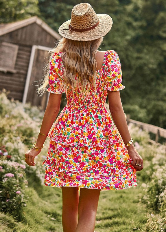 Boho Floral Square Neck Short Sleeve Dress