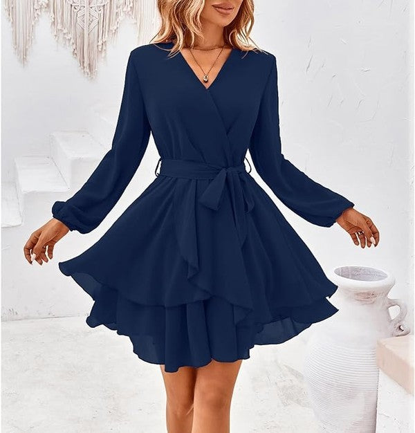 Short Sleeve Deep V Neck Swing Dress