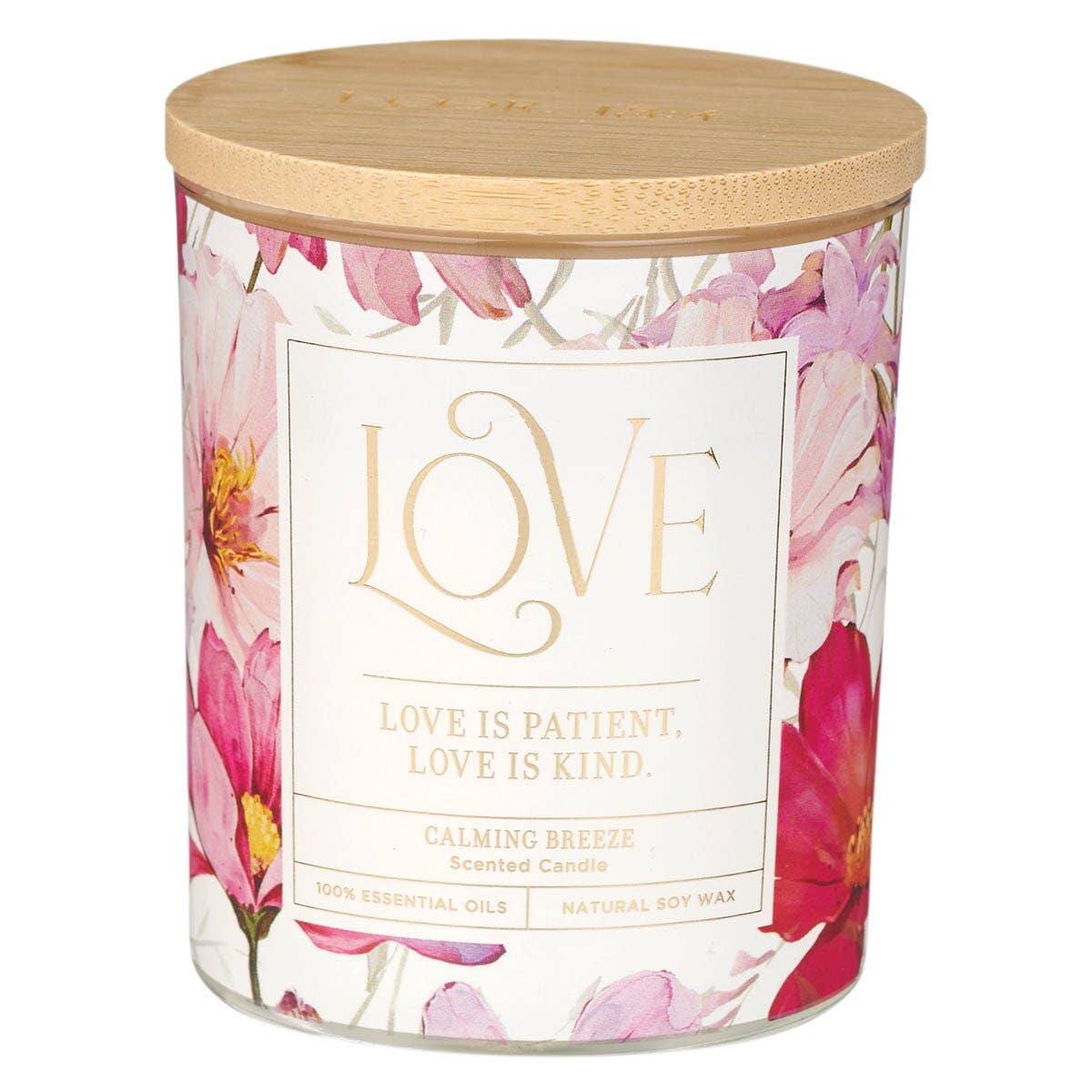Glass Candle w/Bamboo Lid Love is Patient 1 Cor. 13:4