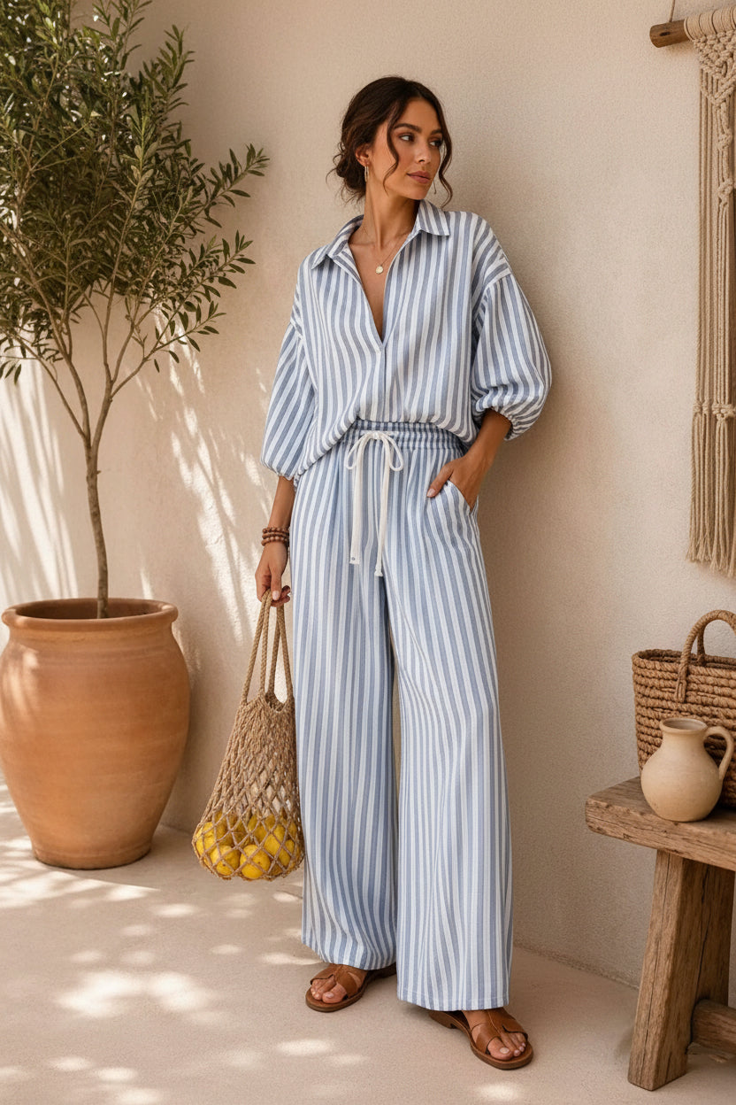Striped Button Down Shirt & Wide Leg Pants Set