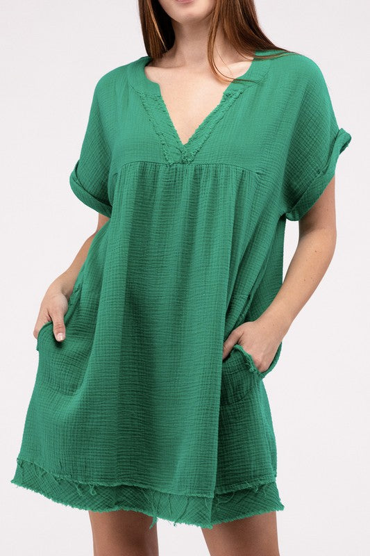 Gauze Rolled Short Sleeve Raw Edge V-Neck Dress