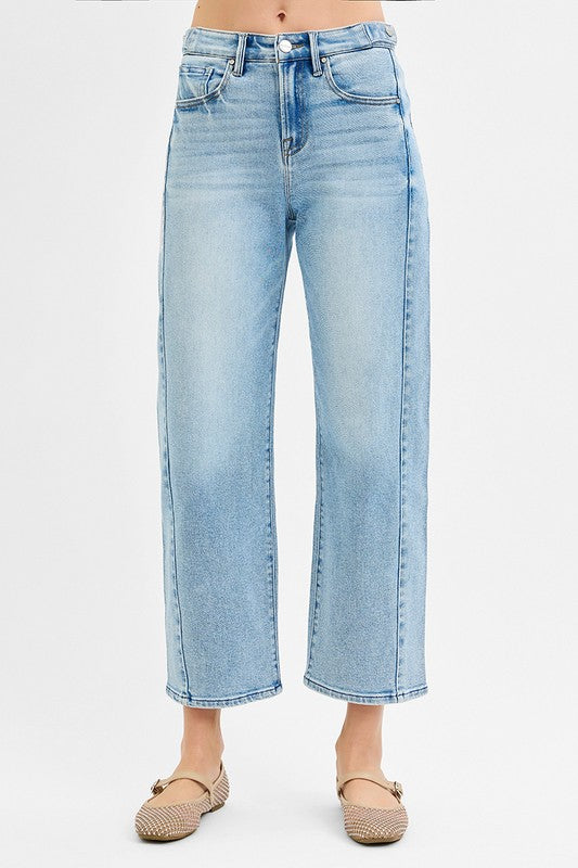 High Rise Crop Barrel Jeans w/Adjustable Waist