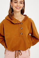 Long Sleeve Hooded Sweatshirt with Button and Tie Detail