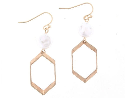 Pearl with Gold Curved Hexagon Earrings