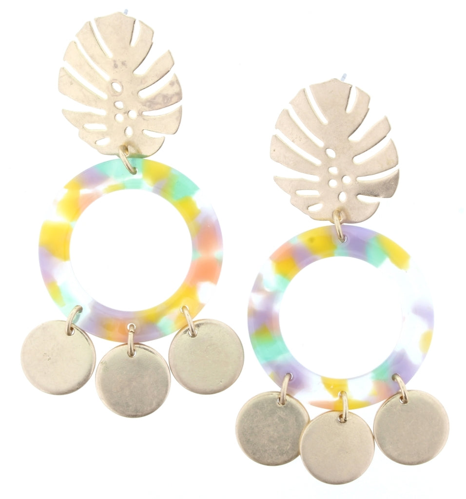 Gold Palm Frond Stud with Yellow Multi Resin & Metal Circle Dangles