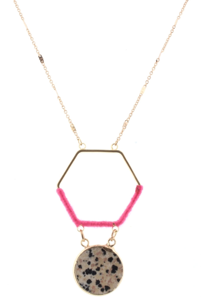 Gold Chain with Hot Pink Wrapped Hexagon with Dalmation Stone Circle