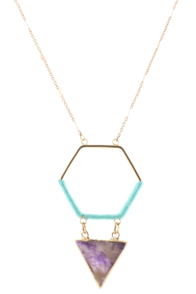 32" Gold Chain with Turquoise Wrapped Hexagon with Amethyst Stone Triangle