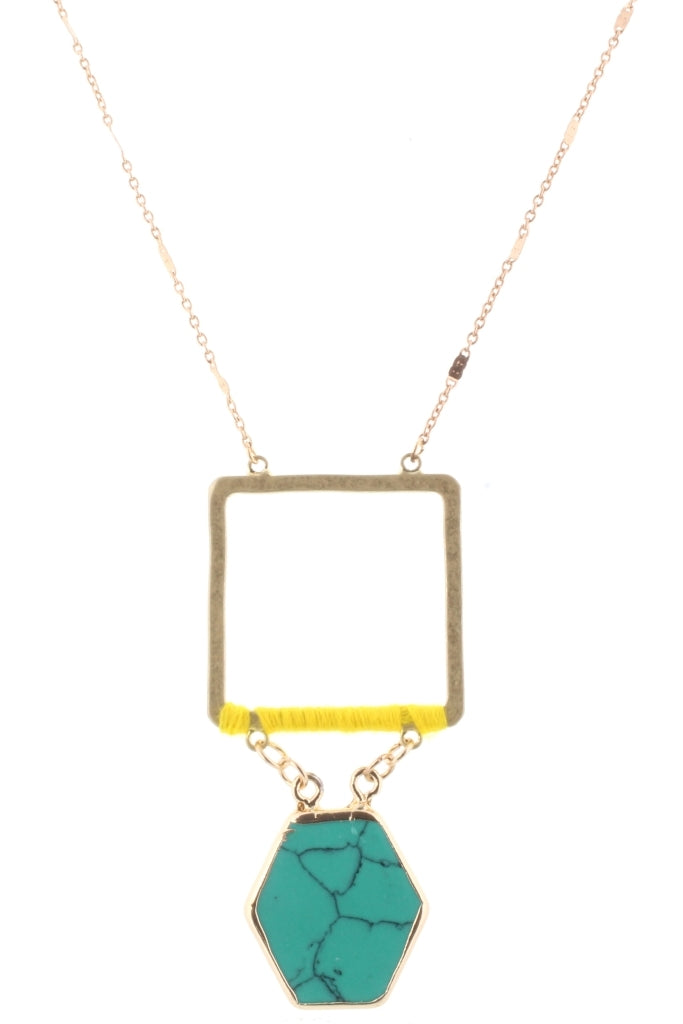 32" Gold Chain with Yellow Wrapped Square with Turquoise Stone Hexagon, 3" Ext.