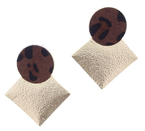 Brown Leopard Suede Circle Stud with Textured Gold Square