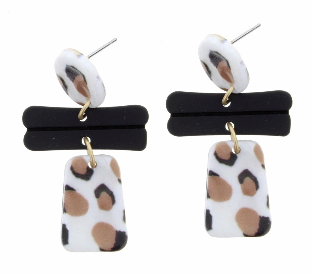 White Leopard Circle with Black Bars and Leopard Trapzoid Pendant Earring