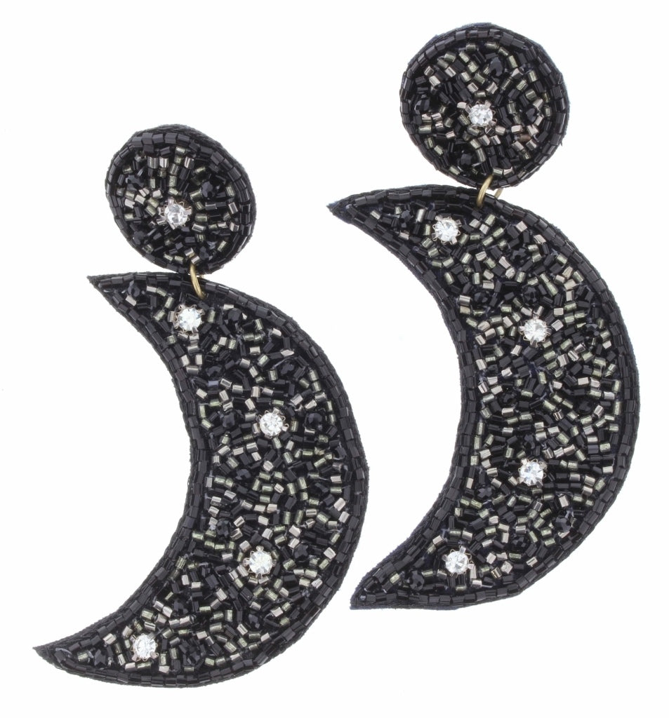 Black and Silver Beaded Moon Earrings