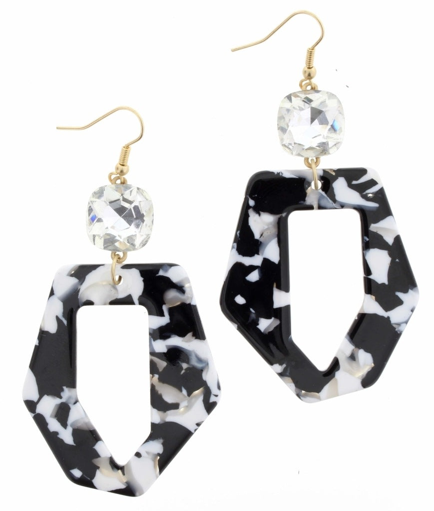 Clear Rhinestone Square with Black and White Resin Open Irregular Shape Earrings