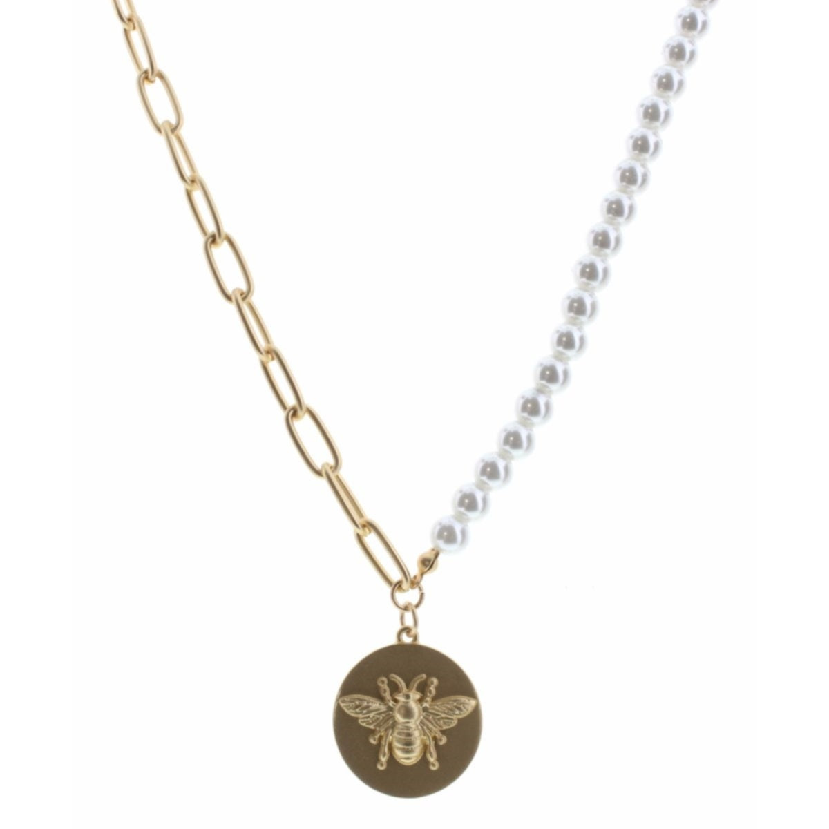 16" Pearl & Gold Chain with Raised Bee Charm Necklace