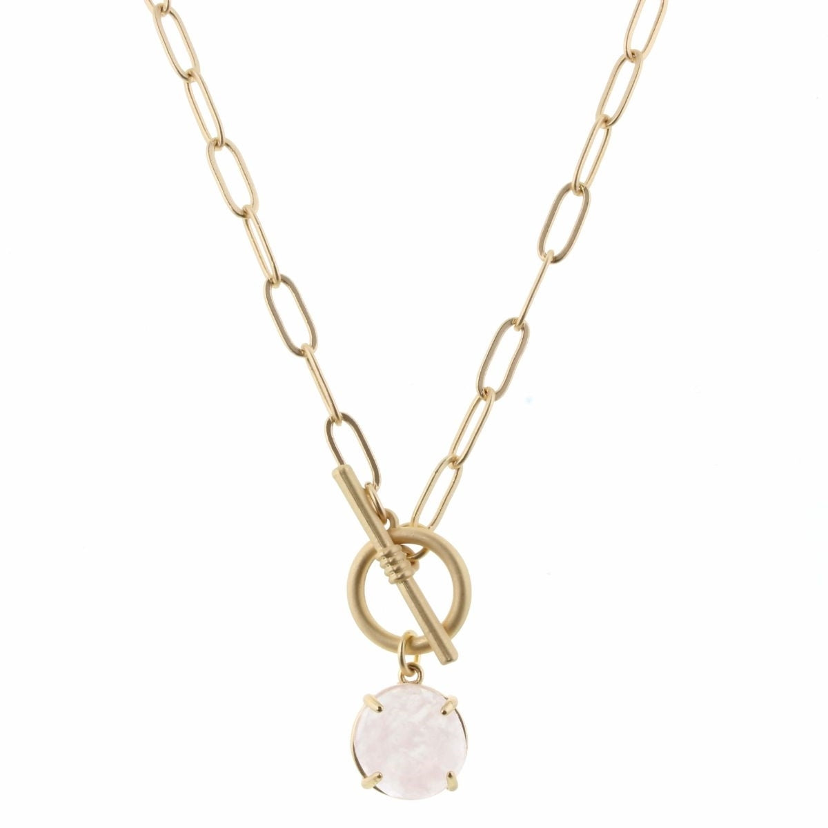 16" Gold Chain with Rose Quartz Circle & Toggle Necklace