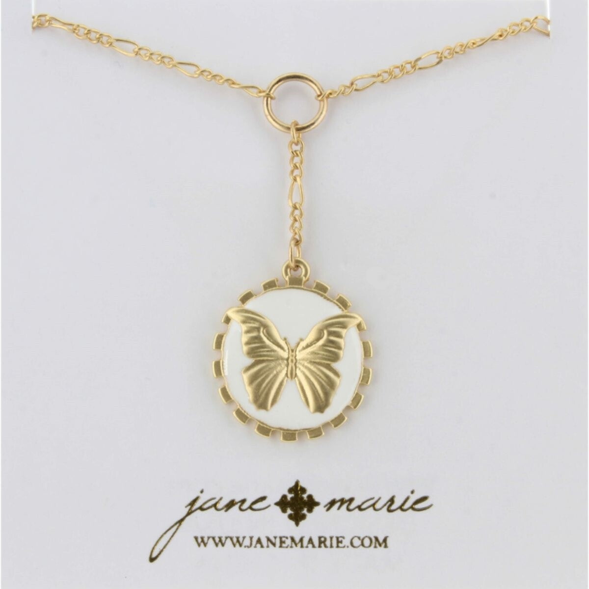 16" Gold Chain Lariat, Gold Butterfly White Enamel Charm Necklace, 2" Ext.