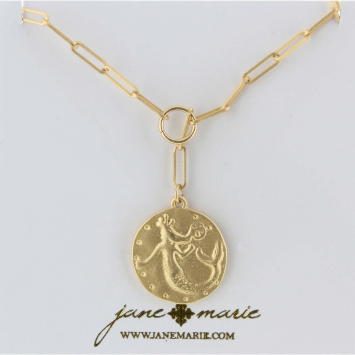 16" Gold Chain Lariat, Gold Mermaid Charm Necklace