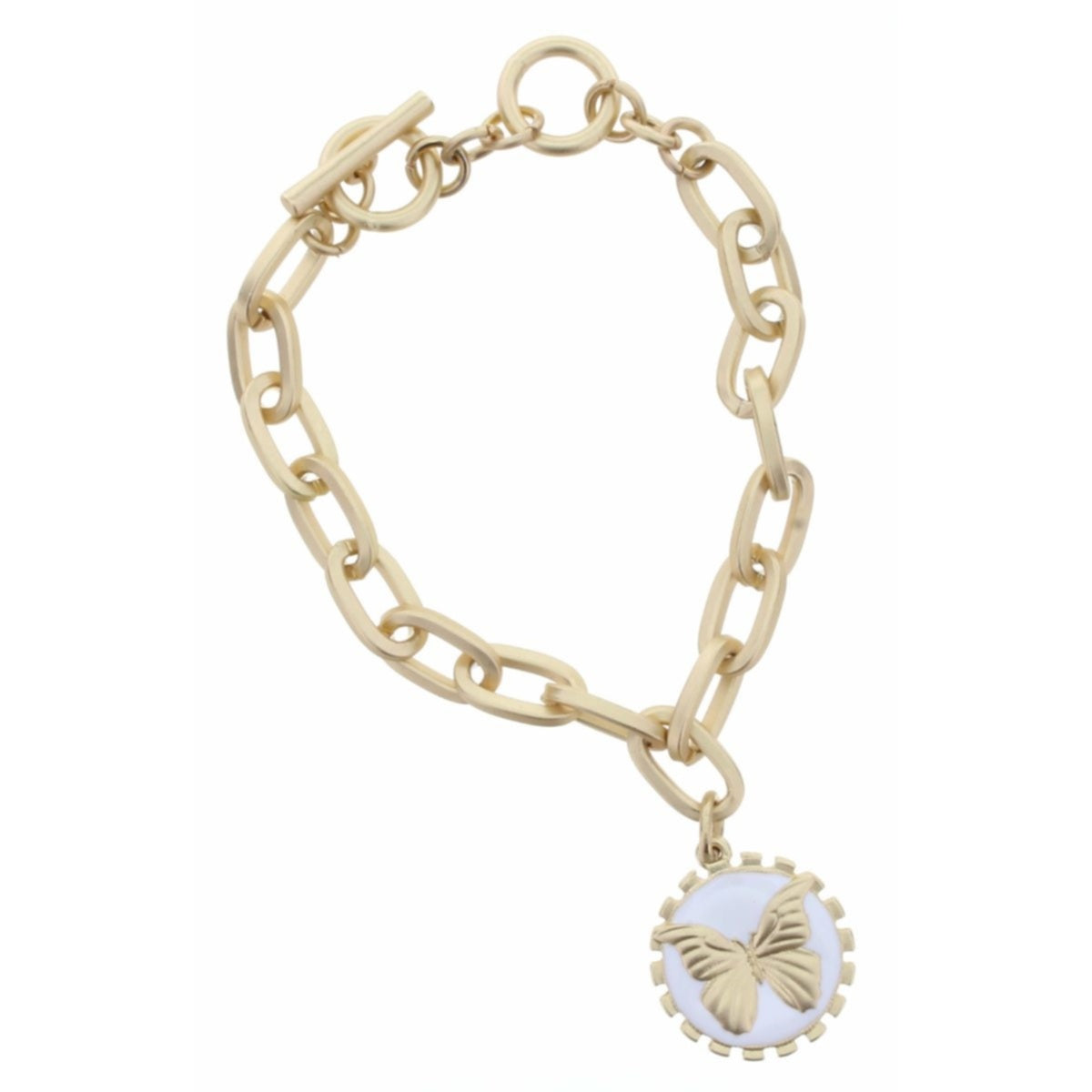 Gold Toggle Chain with Butterfly White Enamel Charm Bracelet