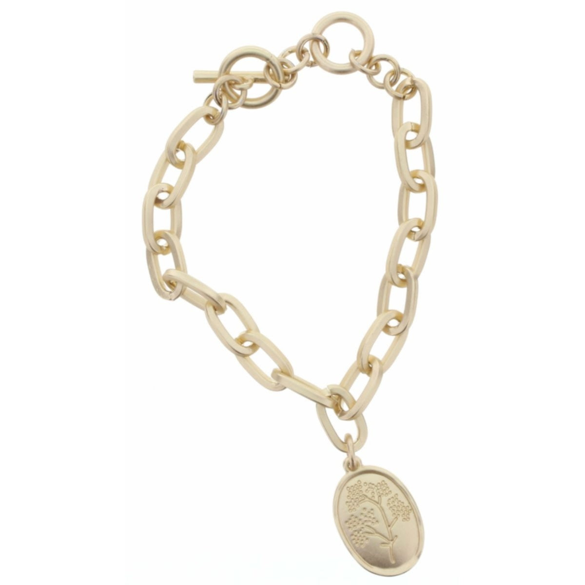 Gold Toggle Chain Dandelion Stamped Oval Charm Bracelet