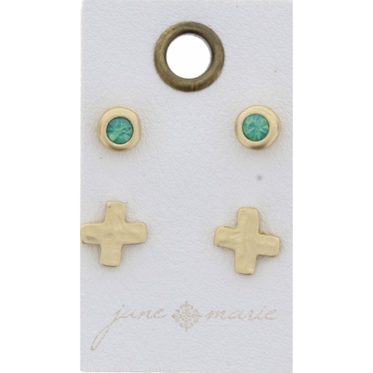 Mint Stone Encased Circle, Gold Cross Stud Earring