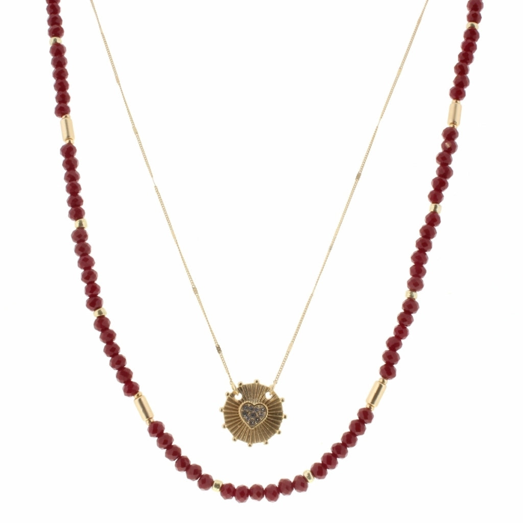 2 Layer Red Beaded, Gold Chain with Crystal Heart Circle Necklace