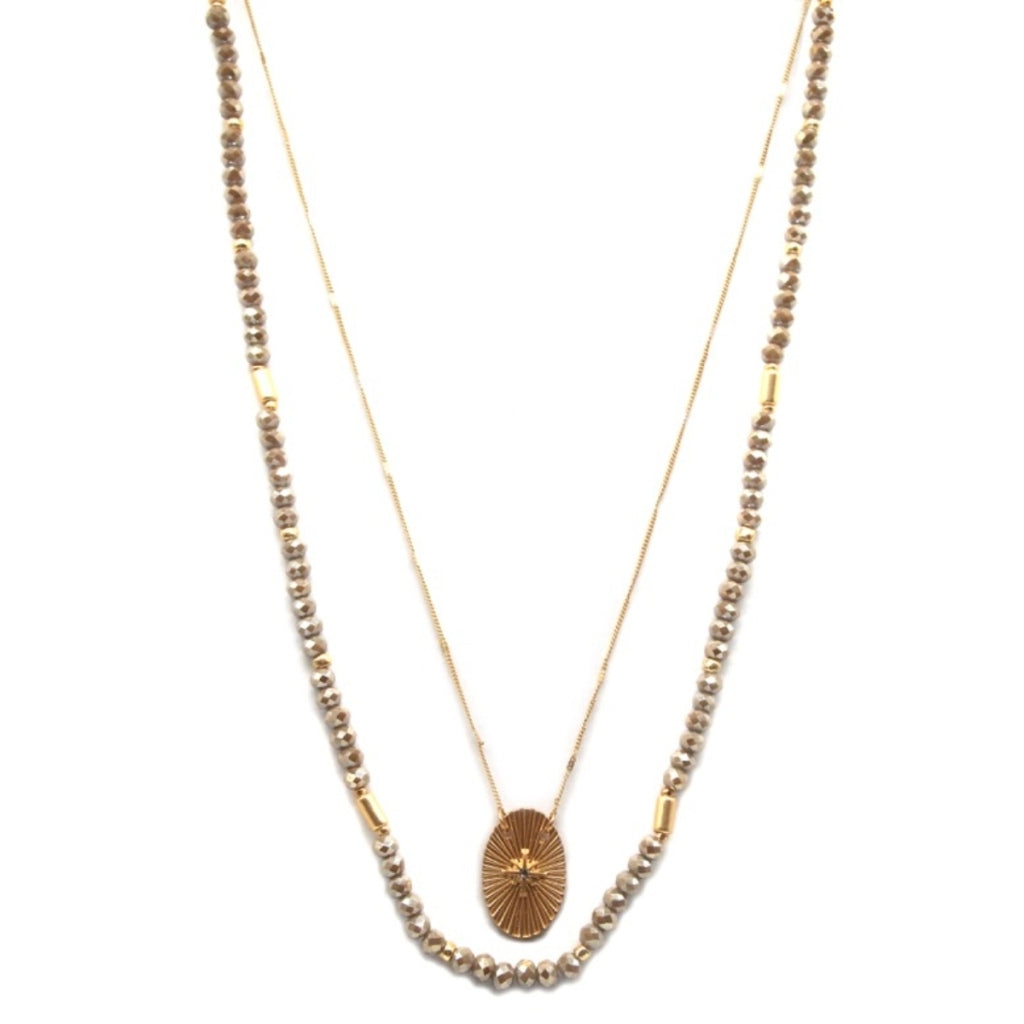 2 Layer Greige Beaded, Gold Chain with Star with Crystal Oval Necklace