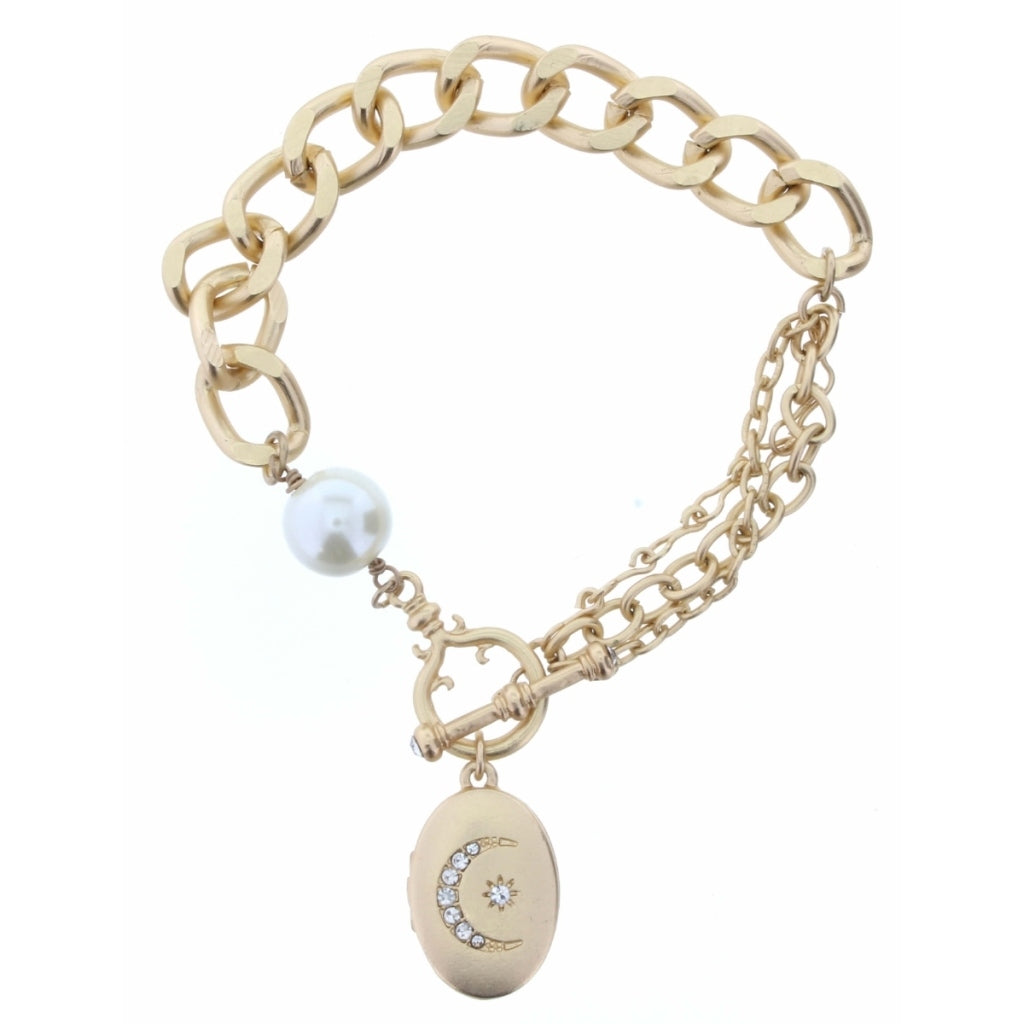 Faceted Pearl on Gold Chain with Moon Charm