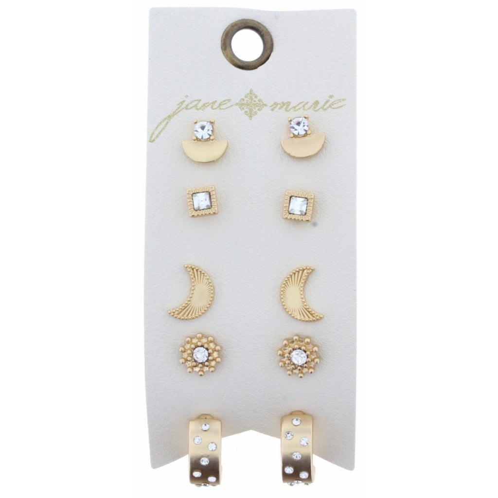 Square, Moon, Gold Hoop with Rhinestones Earring