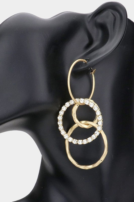 Stone Embellished Metal Link Pin Catch Earrings