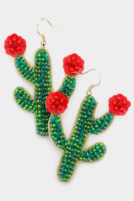 Felt Back Sequin Seed Beaded Cactus Dangle Earrings