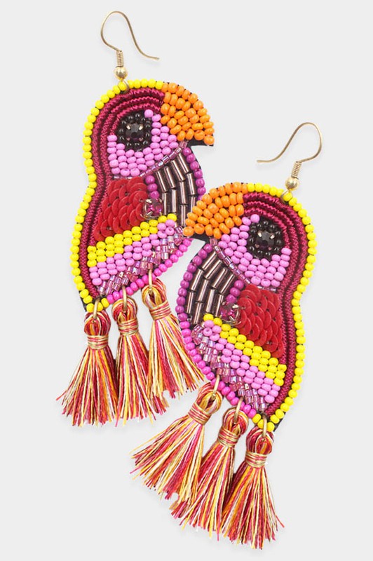 Multi Bead Sequin Parrot Tassel Earrings