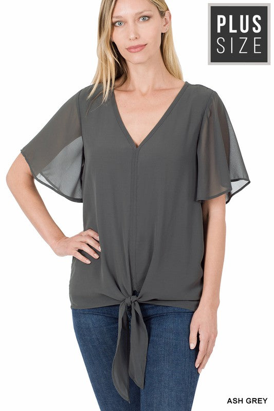 Woven Double Layer Chiffon Front Tie Top