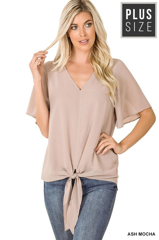 Woven Double Layer Chiffon Front Tie Top