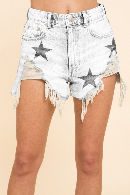 Star Printed Distressed Denim Shorts