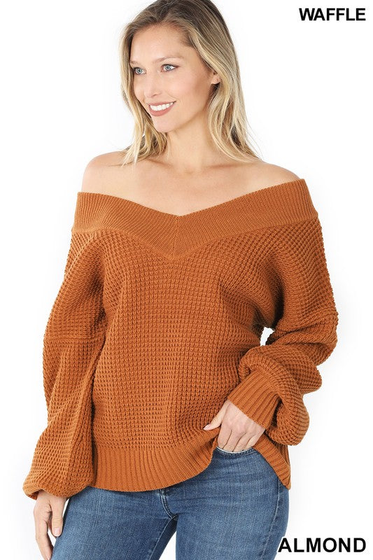 Balloon Sleeve  Waffle Sweater