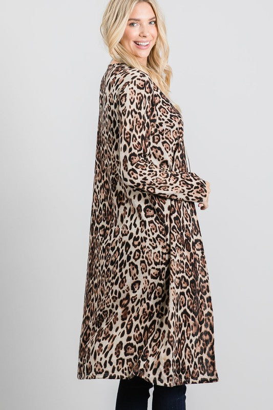 Leopard Print Open Front Long Body Cardigan