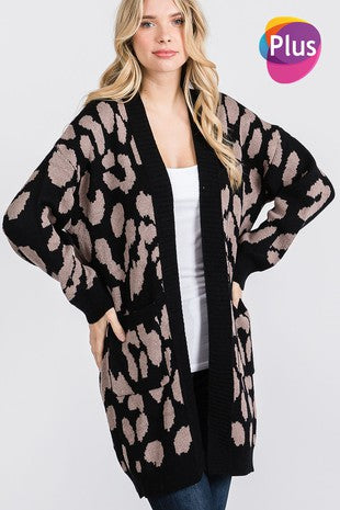 Animal Print Open Front Cardigan with Pockets