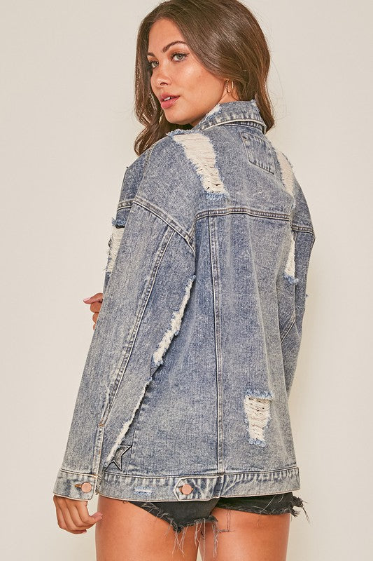 Long Sleeve Distressed Star Patch Jacket w/ Pockets