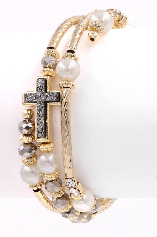 Cream Pearl/Cross Metal Coil Bracelet