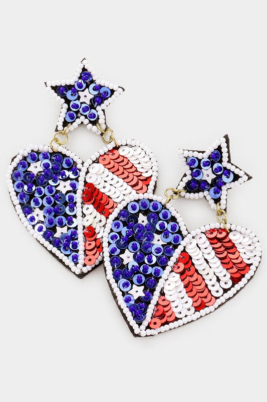 Felt Back Seed Bead American USA Flag Earrings