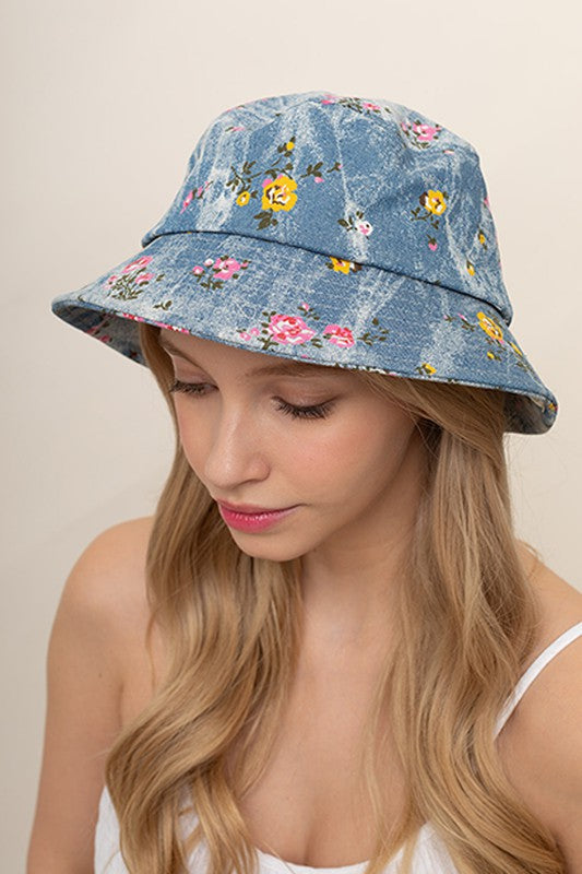 Denim Floral Print Cotton Bucket Hat