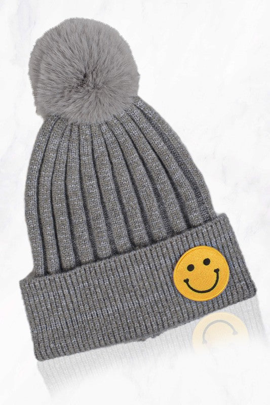 Smile Face Beanie With Pompom