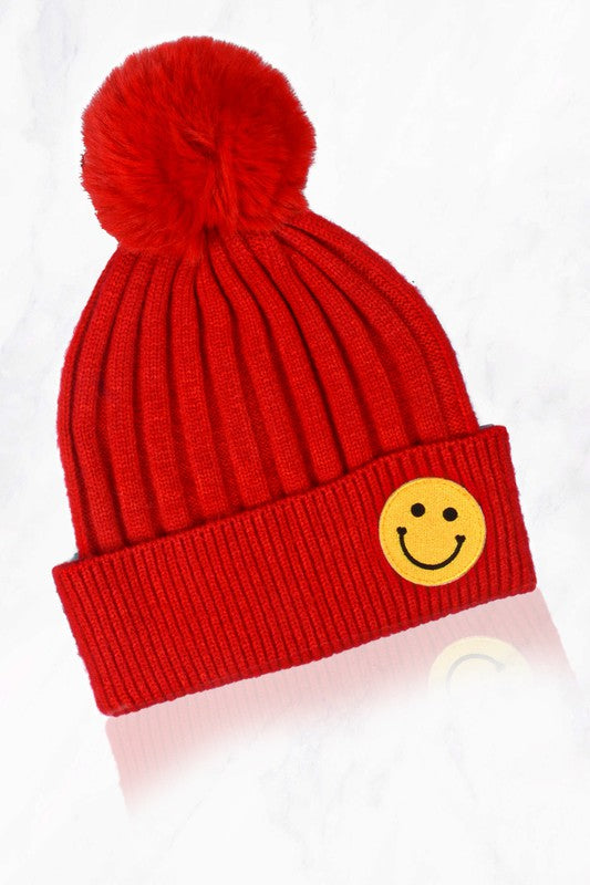 Smile Face Beanie With Pompom