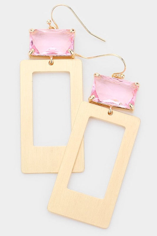 Bead Accented Open Metal Rectangle Link Earrings