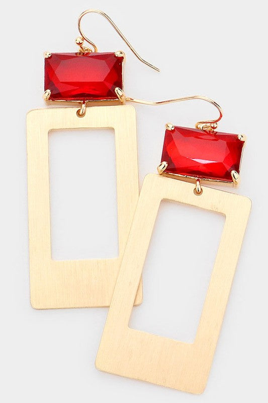 Bead Accented Open Metal Rectangle Link Earrings