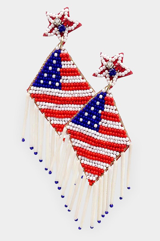 Seed Beaded American USA Flag Fringe Earrings